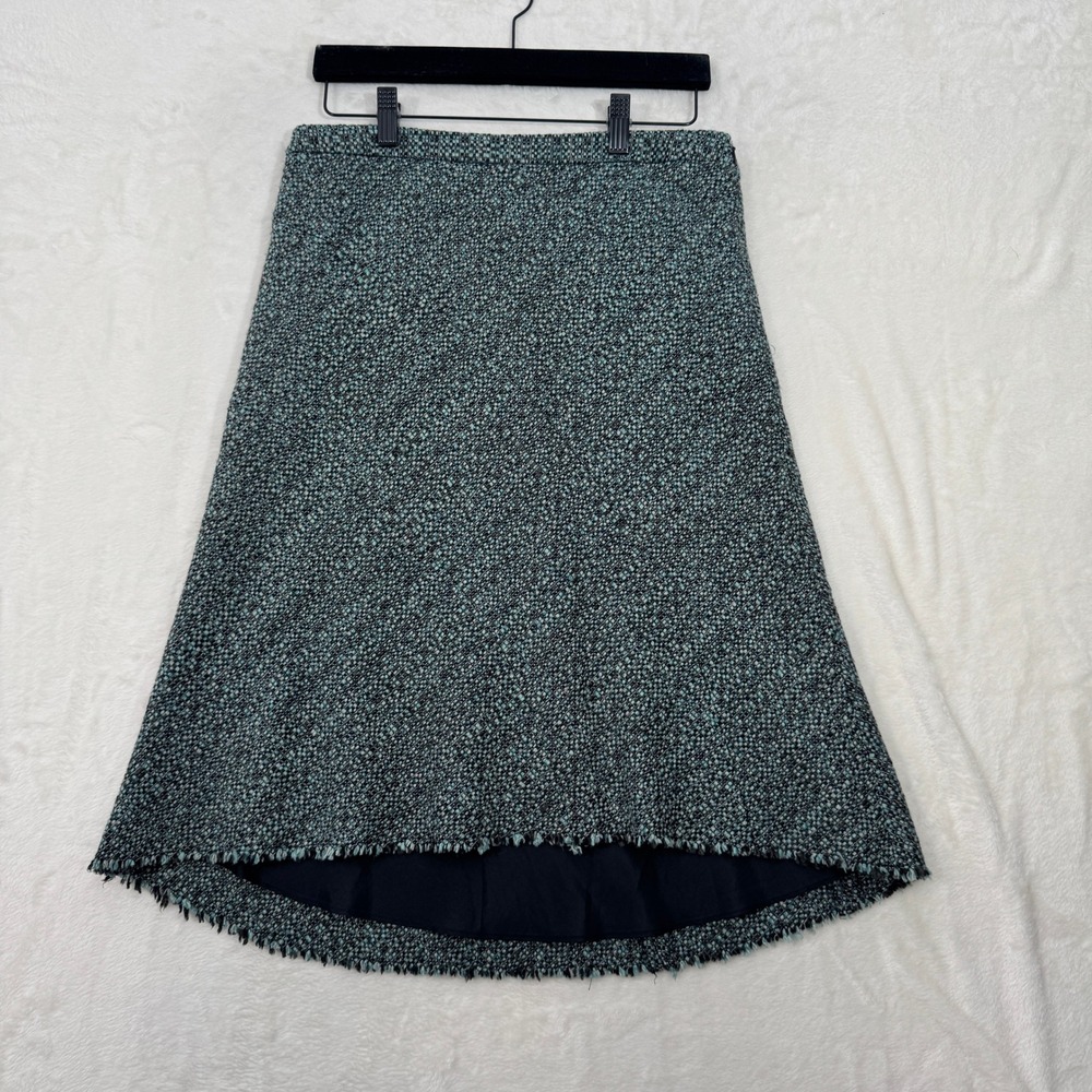 Banana Republic Skirt Womens 4 Teal Tweed A-Line High-Low Fringe Wool Blend Midi